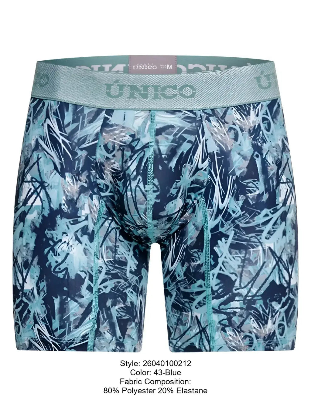 Front view of Unico 26040100212 Tags boxer briefs in blue abstract print.