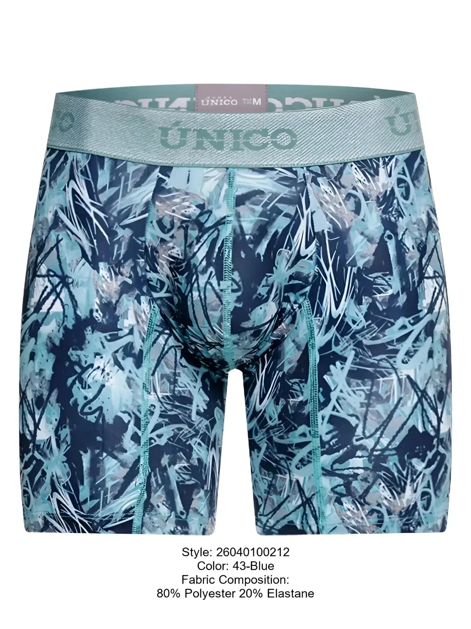 Front view of Unico 26040100212 Tags boxer briefs in blue abstract print.