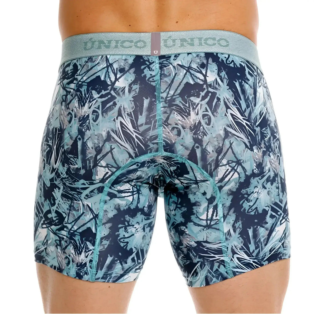 Back view of Unico Tags boxer briefs in blue abstract print with branded elastic waistband.