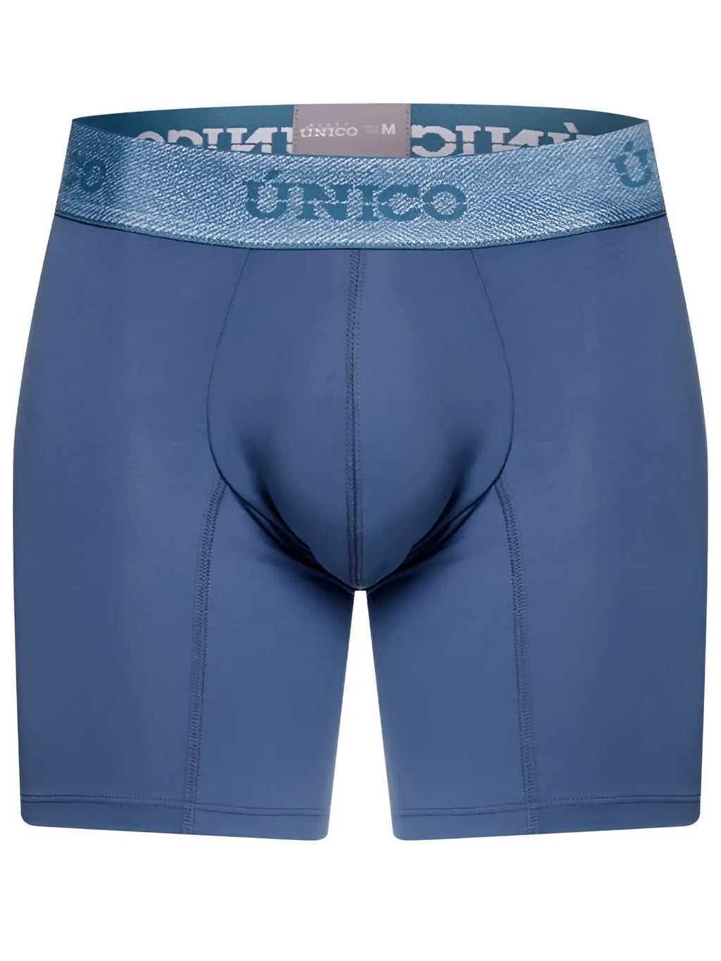 Front view of Unico Classic Boxer Briefs in teal with a branded elastic waistband.