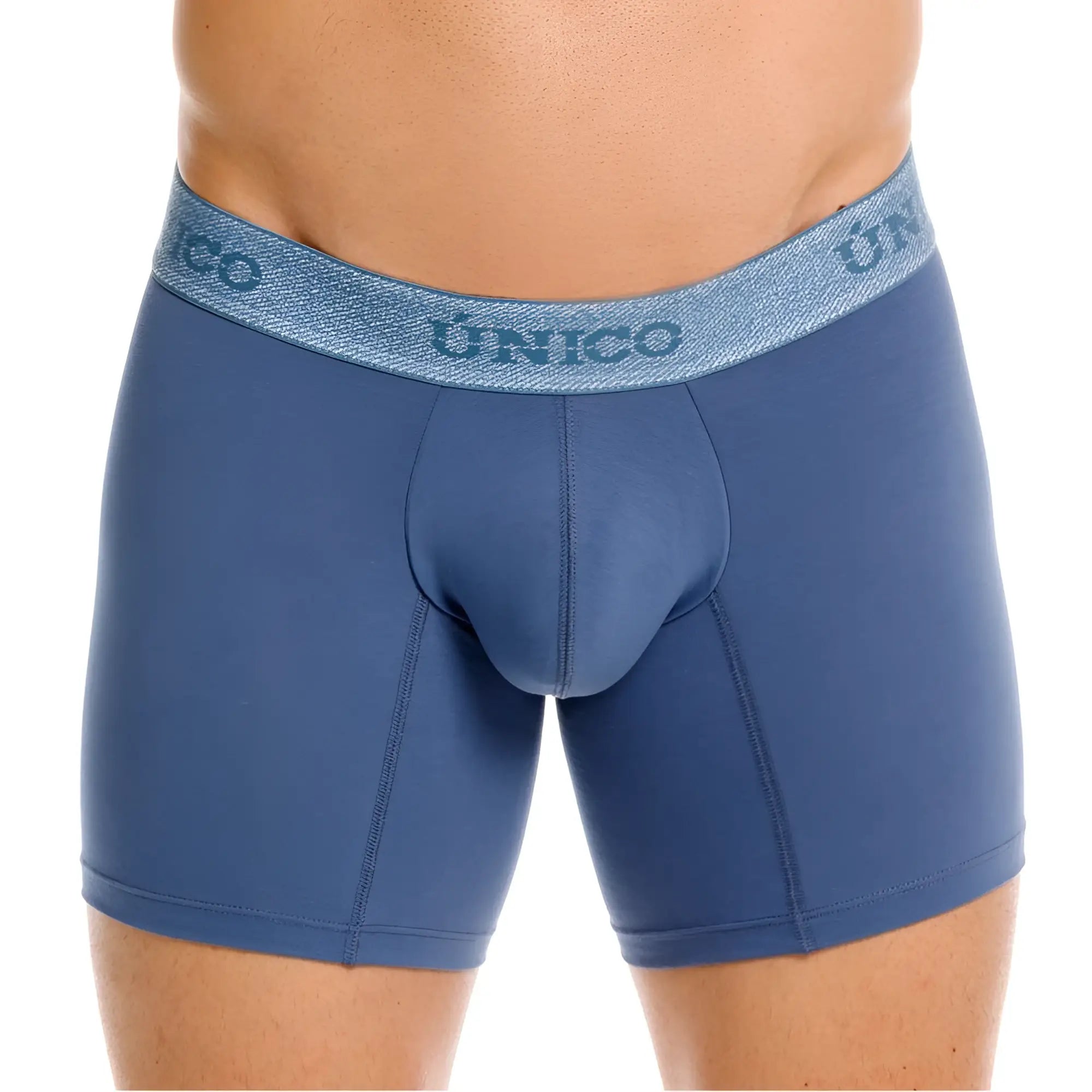 Front view of Unico Classic Boxer Briefs in teal, featuring a branded waistband.