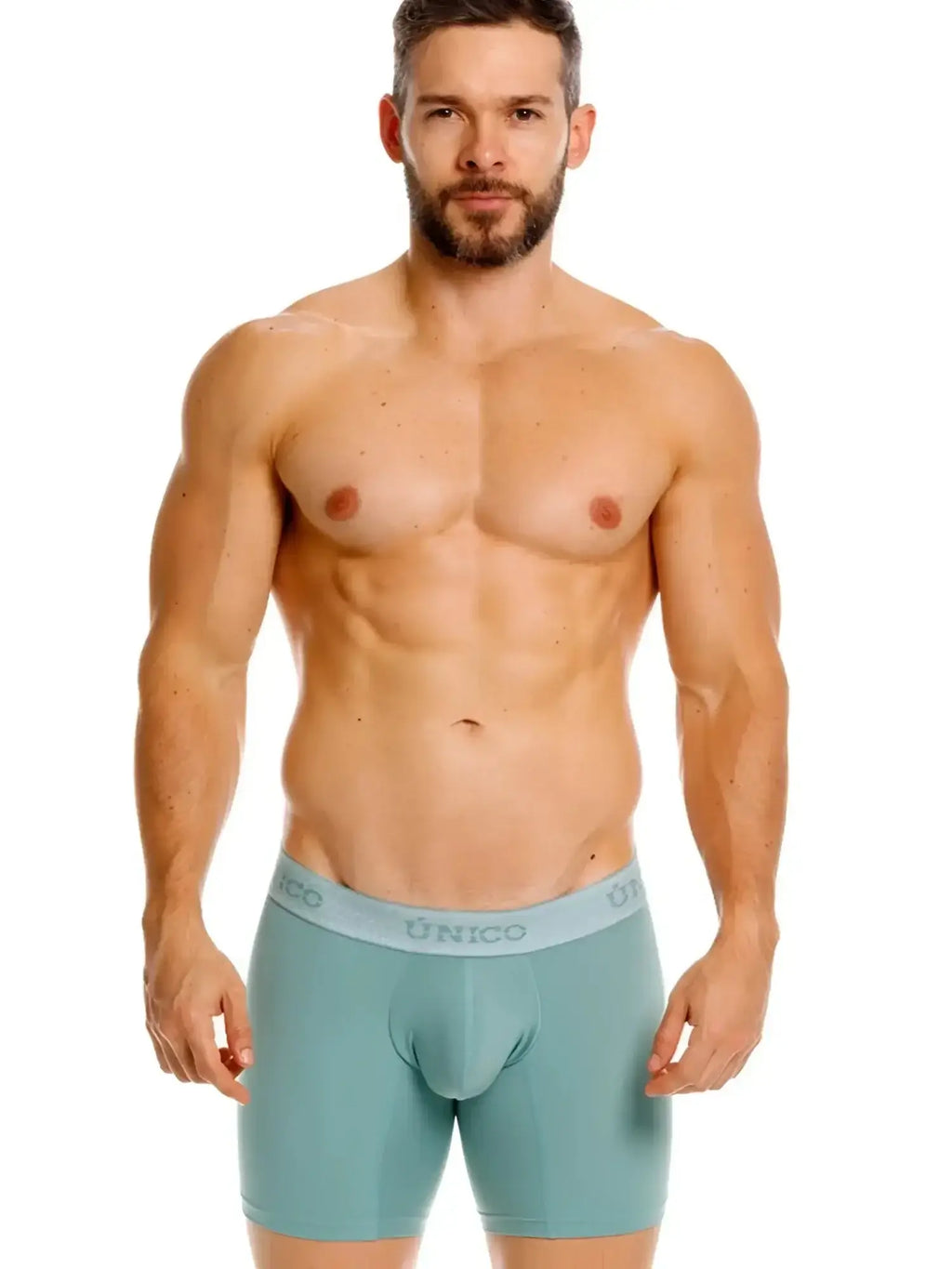 Front view of Unico 26040100221 Ceramic Boxer Briefs in green on a model.