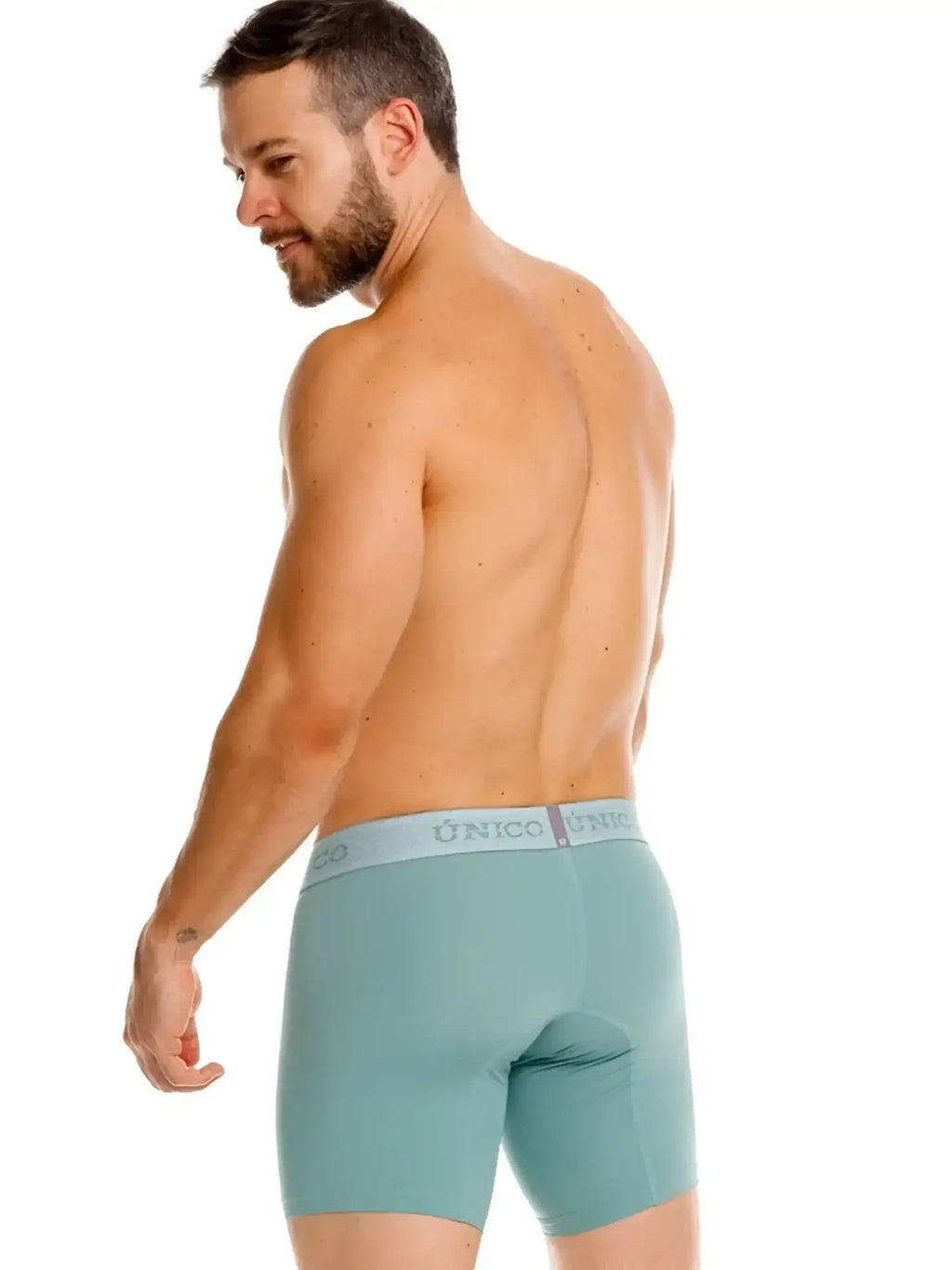 Unico Ceramic Boxer Briefs in Green, shown from the rear in a studio shot on a model.