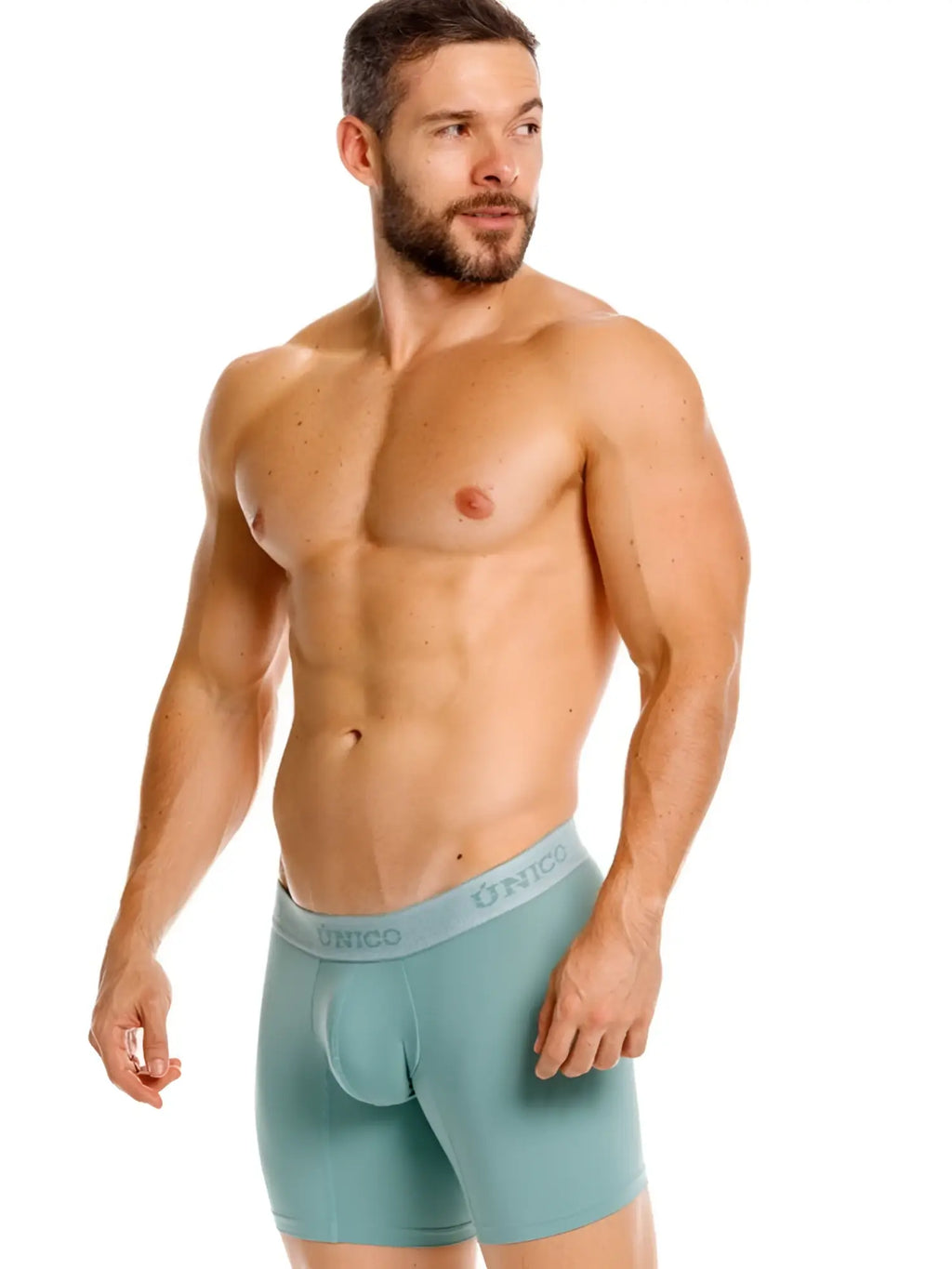 Front view of Unico Ceramic Boxer Briefs in green on a male model.