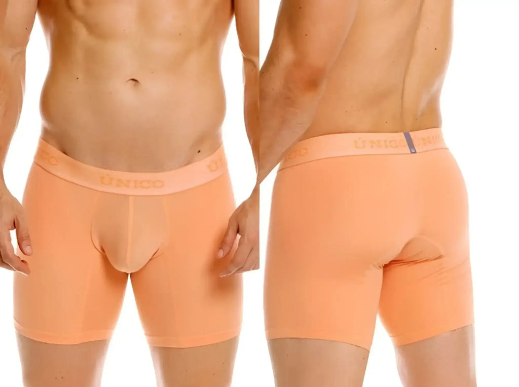 Unico Classic Boxer Briefs in apricot, showing both front and back views on a model.