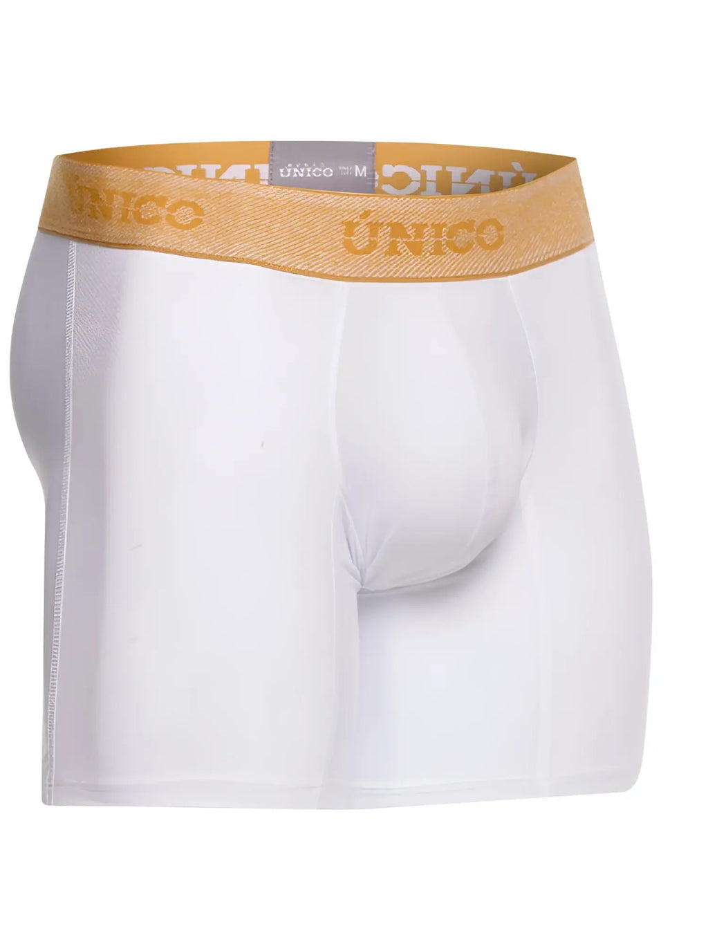 Front view of Unico Amber boxer briefs in white with a gold branded waistband.