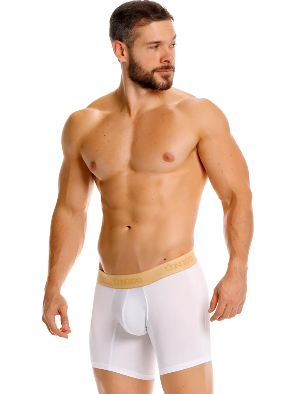Unico Amber boxer briefs in white, shown in a front-view model shot.