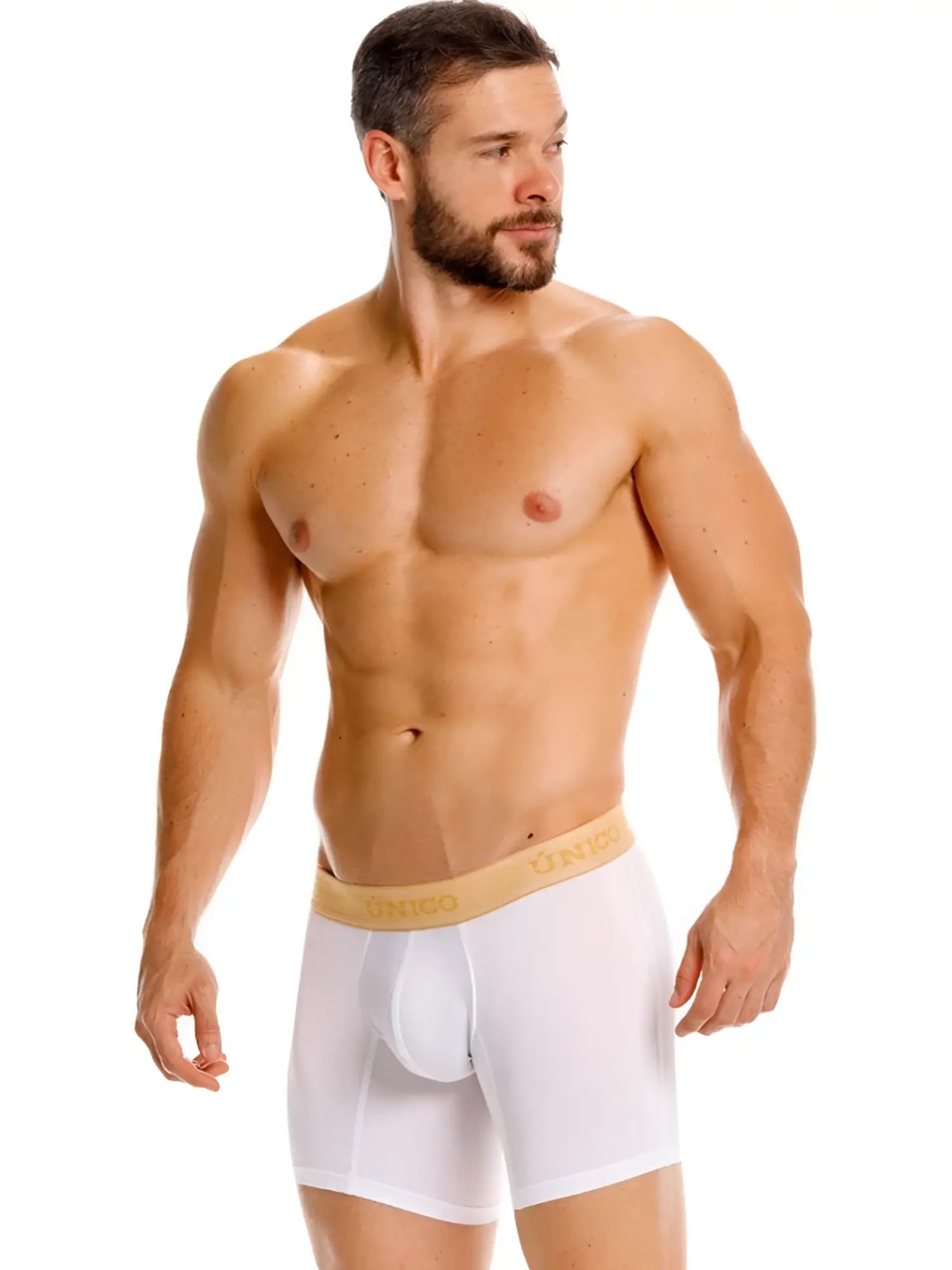 Unico Amber boxer briefs in white, shown in a front-view model shot.