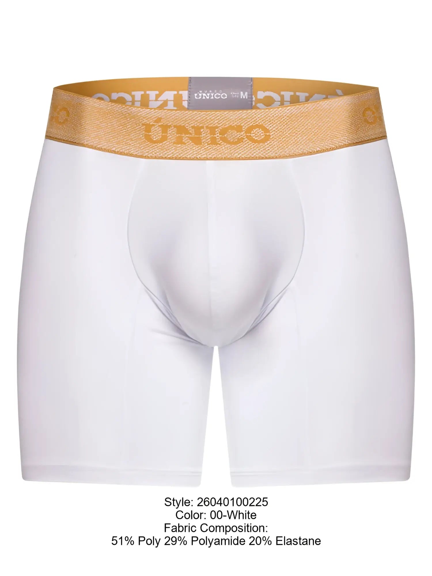 Front view of Unico Amber Boxer Briefs in white with a metallic gold waistband.