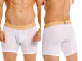 Front and back view of Unico Amber boxer briefs in white with a gold logo waistband.
