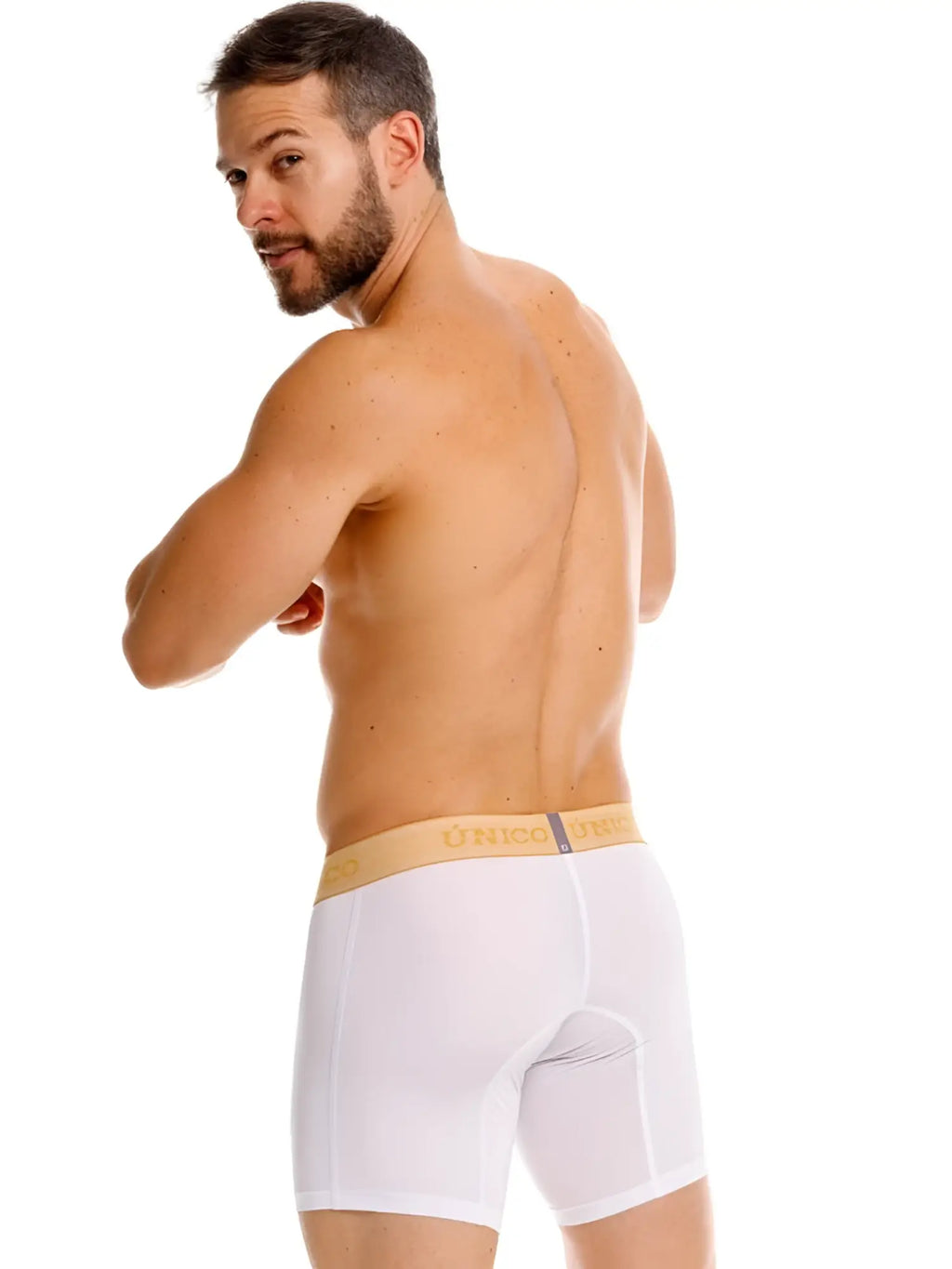 Unico Amber boxer briefs in white, back view of model wearing the underwear.