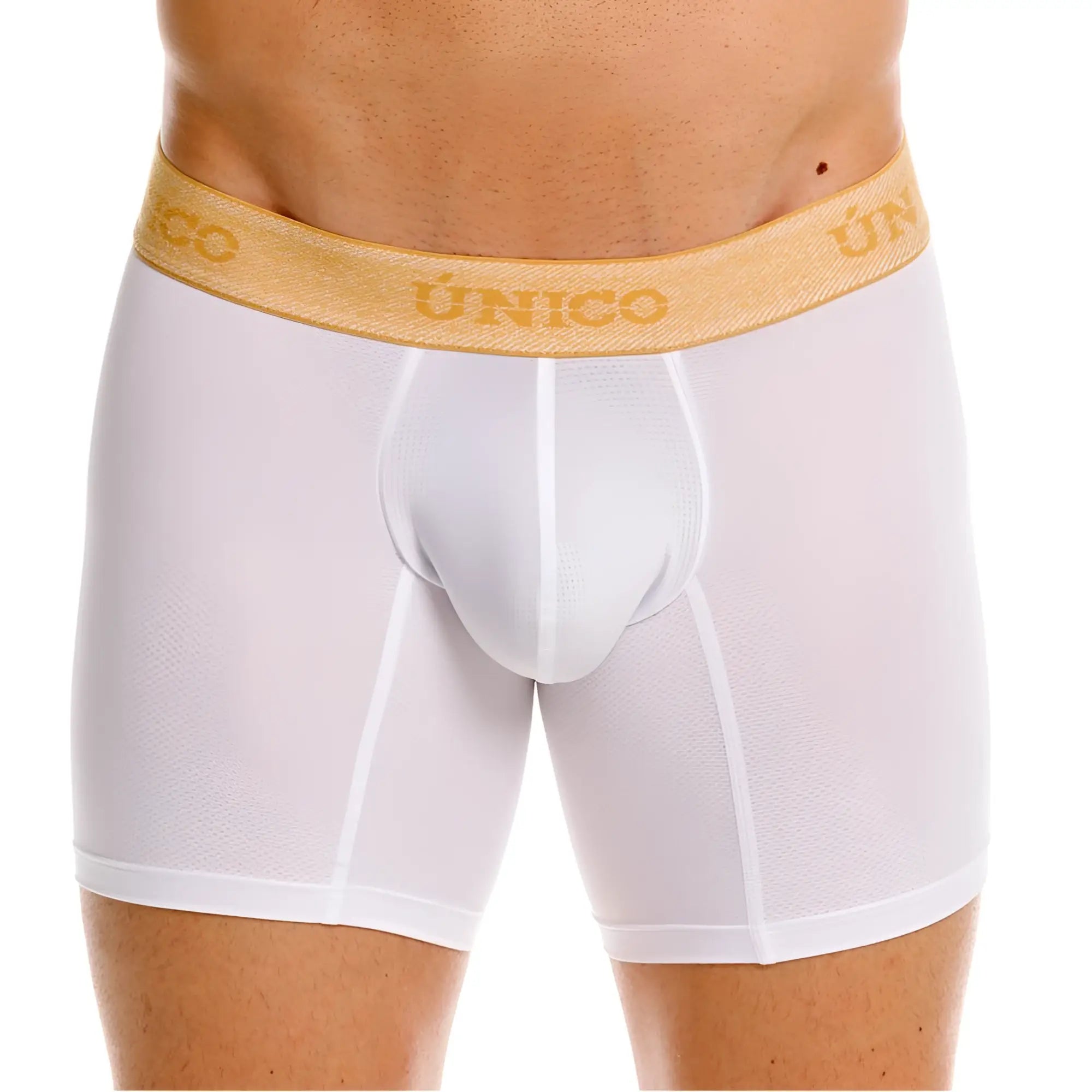Front view of white Unico Amber boxer briefs with a gold branded waistband on a male model.