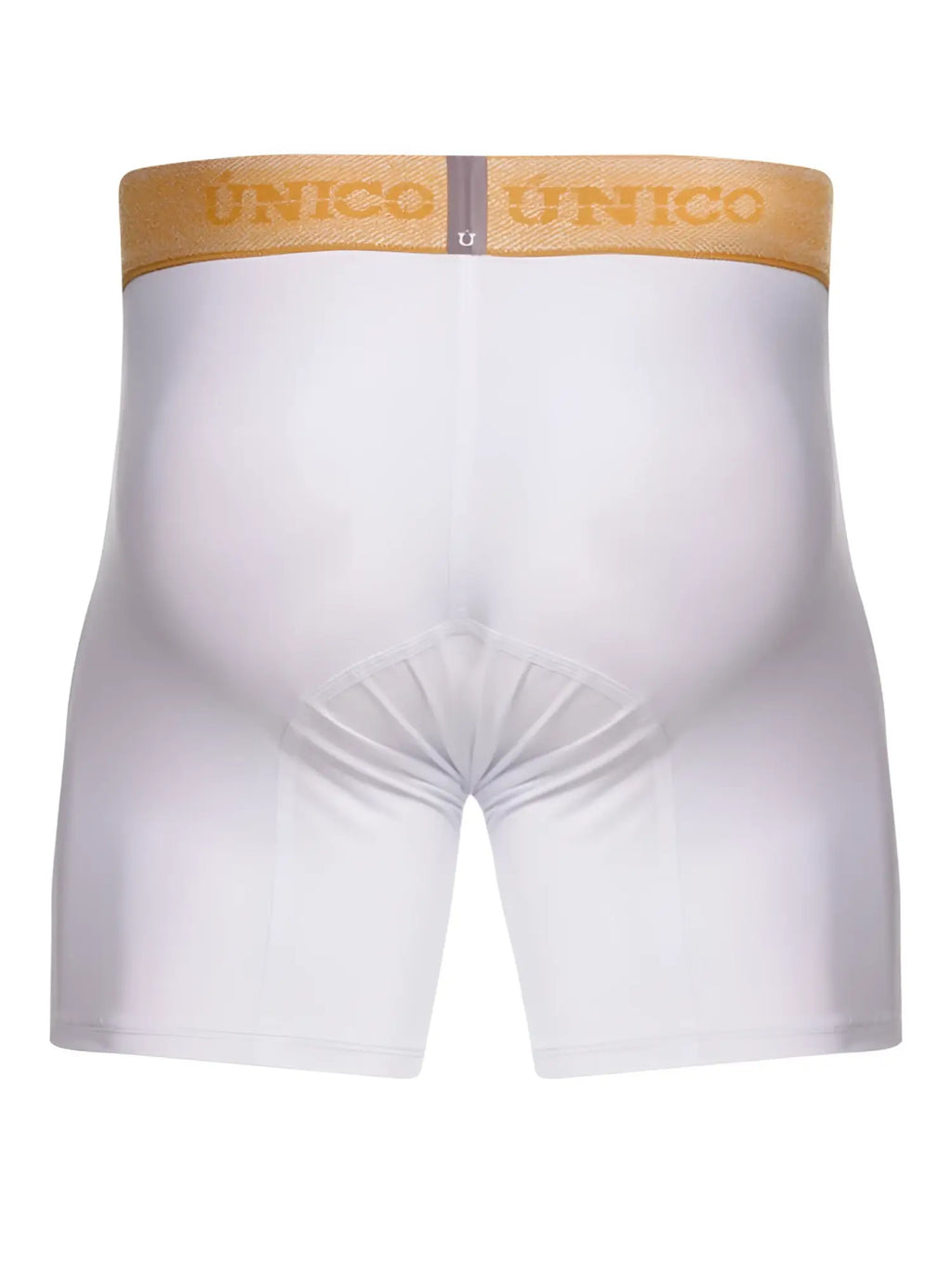 Back view of Unico Amber boxer briefs in white with a gold branded waistband.