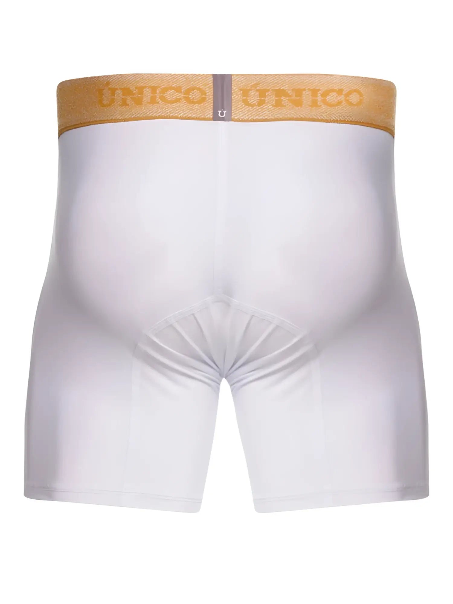 Back view of Unico Amber boxer briefs in white with a gold branded waistband.