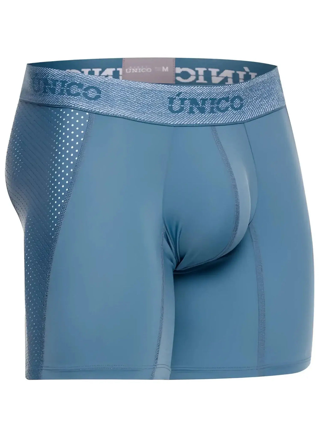 Front view of Unico Classic Boxer Briefs in blue, featuring a branded waistband and perforated side panels.