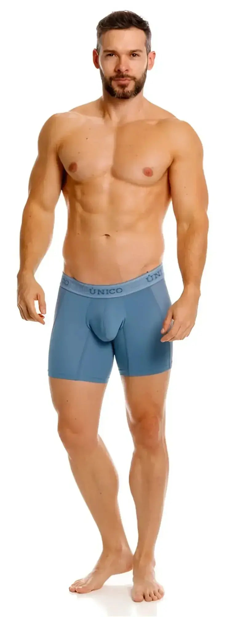 Unico Classic Boxer Briefs in blue: front view of a man wearing the premium comfort underwear.