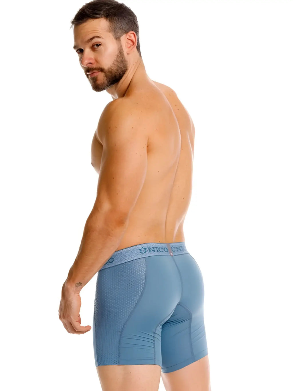 Unico Classic Boxer Briefs in blue, back view of a man wearing the underwear.