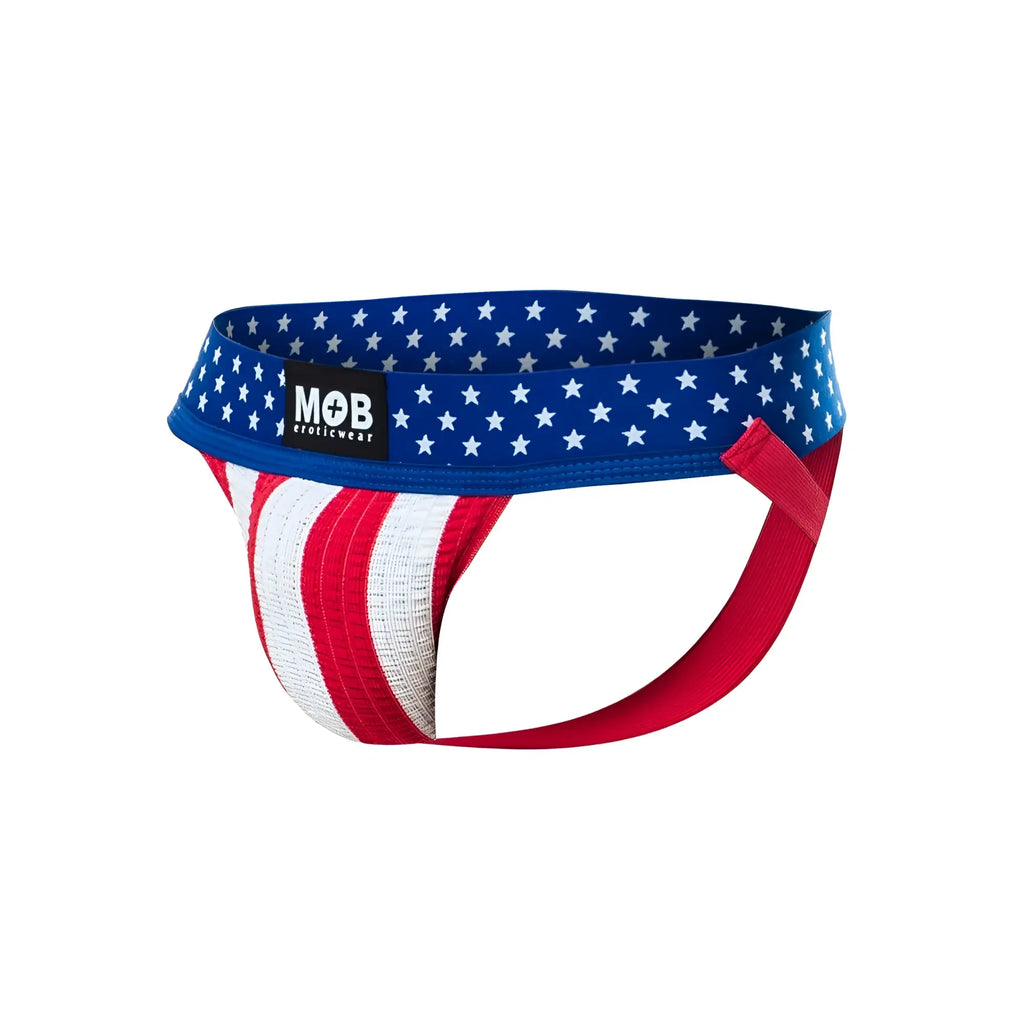 USA flag mens jockstrap with red white and blue athletic briefs and star-spangled waistband by mob eroticwear