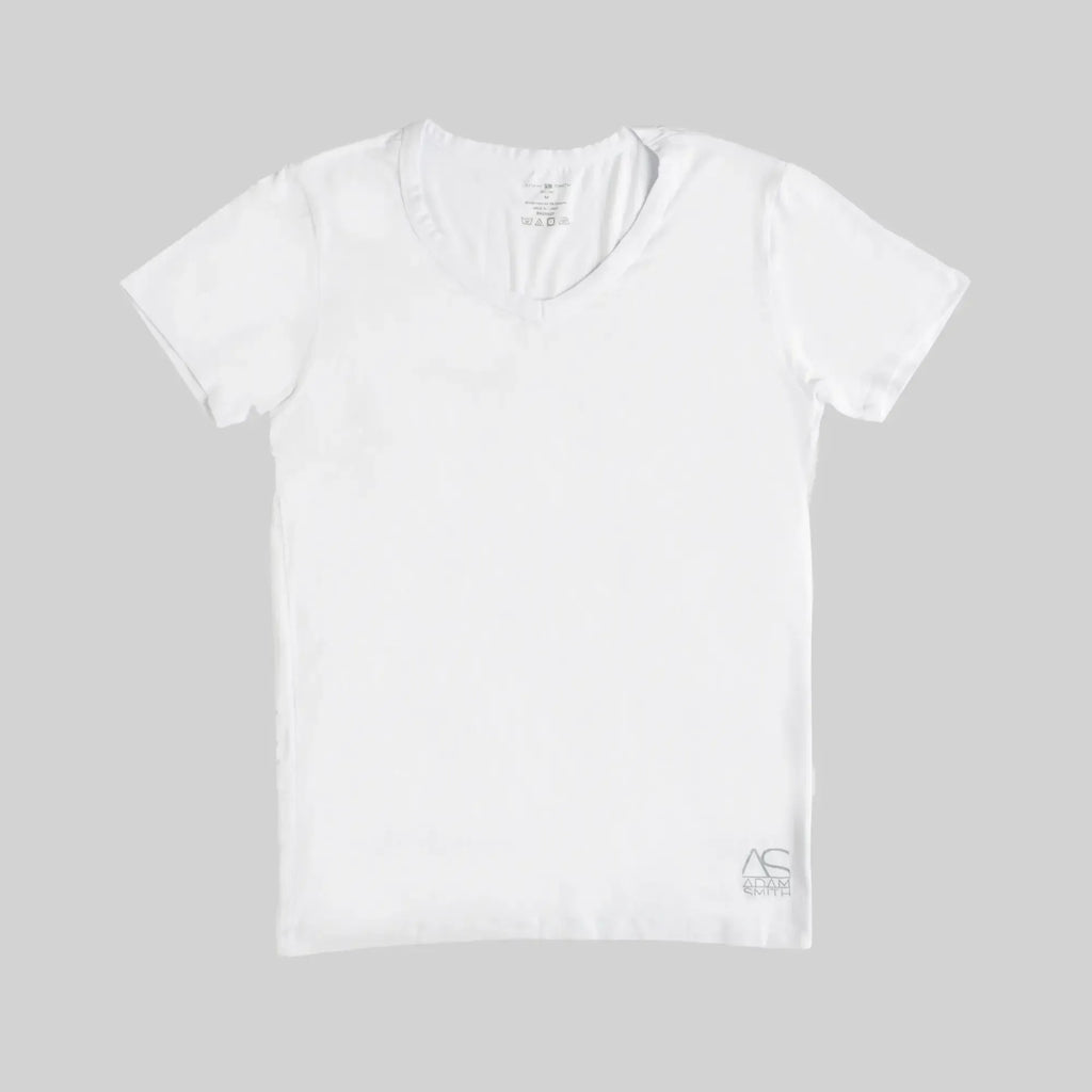 White v neck short sleeved t shirt with subtle embroidered logo on lower right corner for casual wear