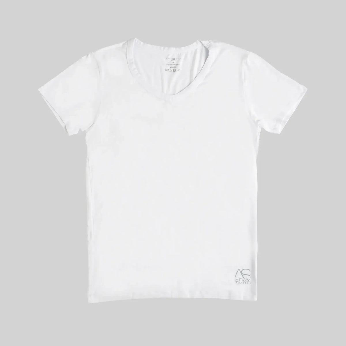 White v neck short sleeved t shirt with subtle embroidered logo on lower right corner for casual wear