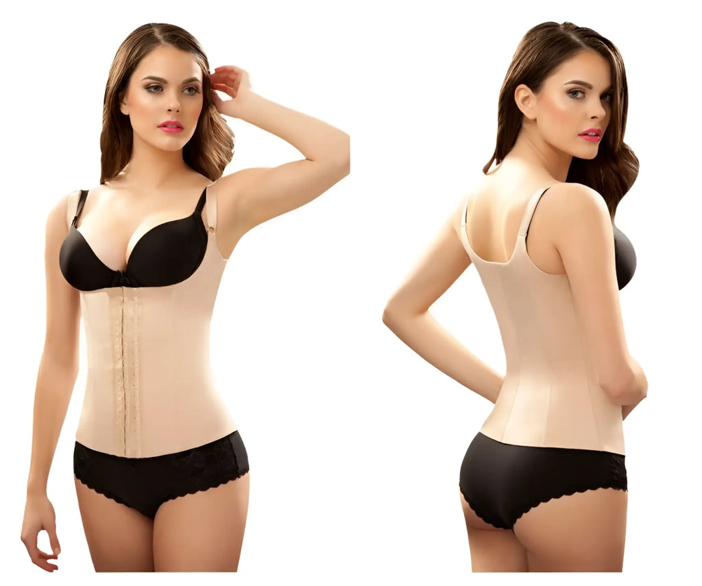 Beige vedette 100 renee under bust waist cincher with black straps and lace trim in nude plus color