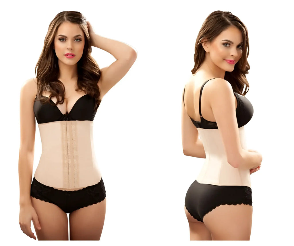 Beige and black vedette 102 valerie latex waist cincher with lace trim and adjustable straps in nude color