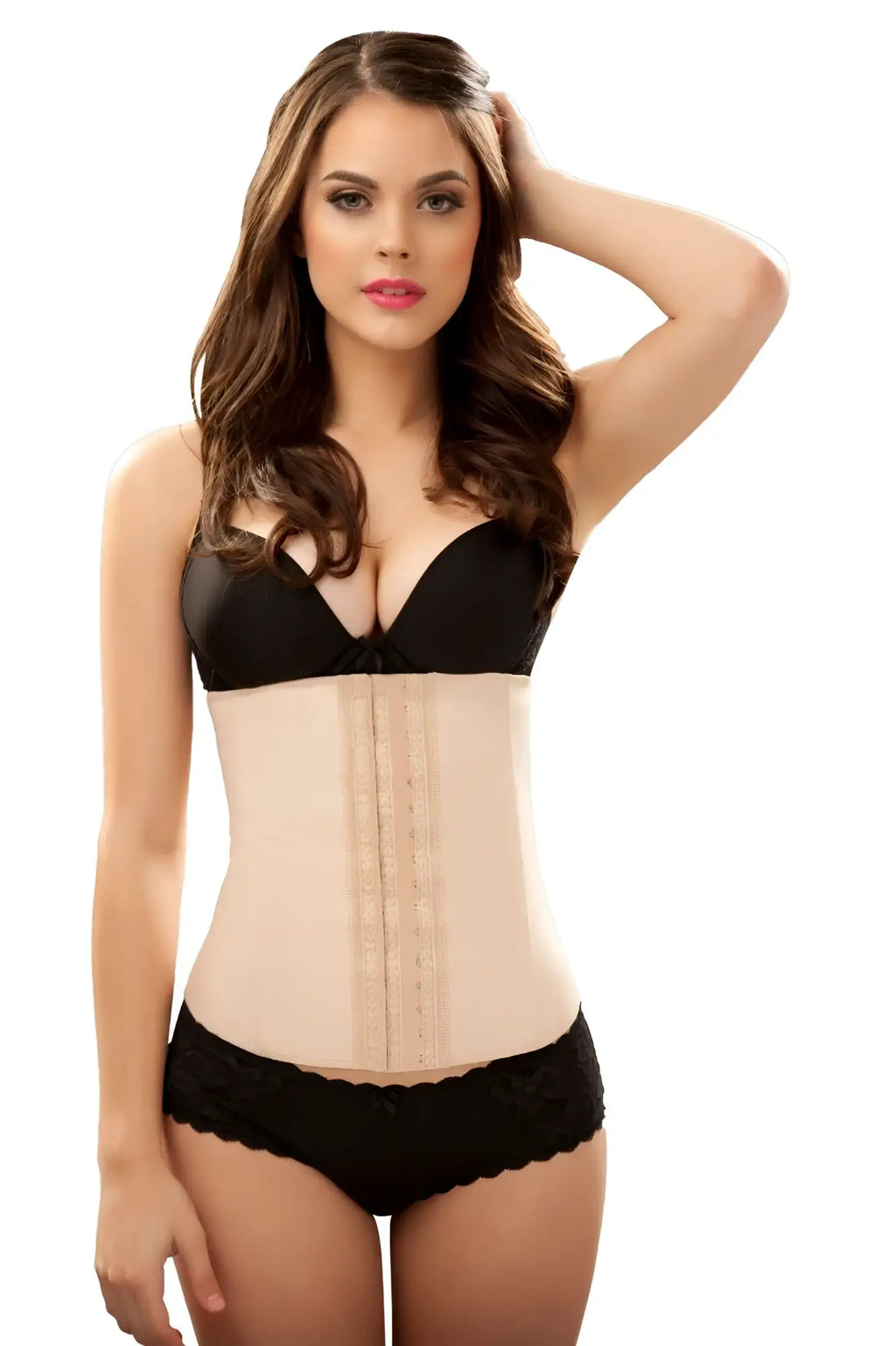 Beige vedette 102 valerie latex waist cincher with black lace trim and adjustable side straps for waist training