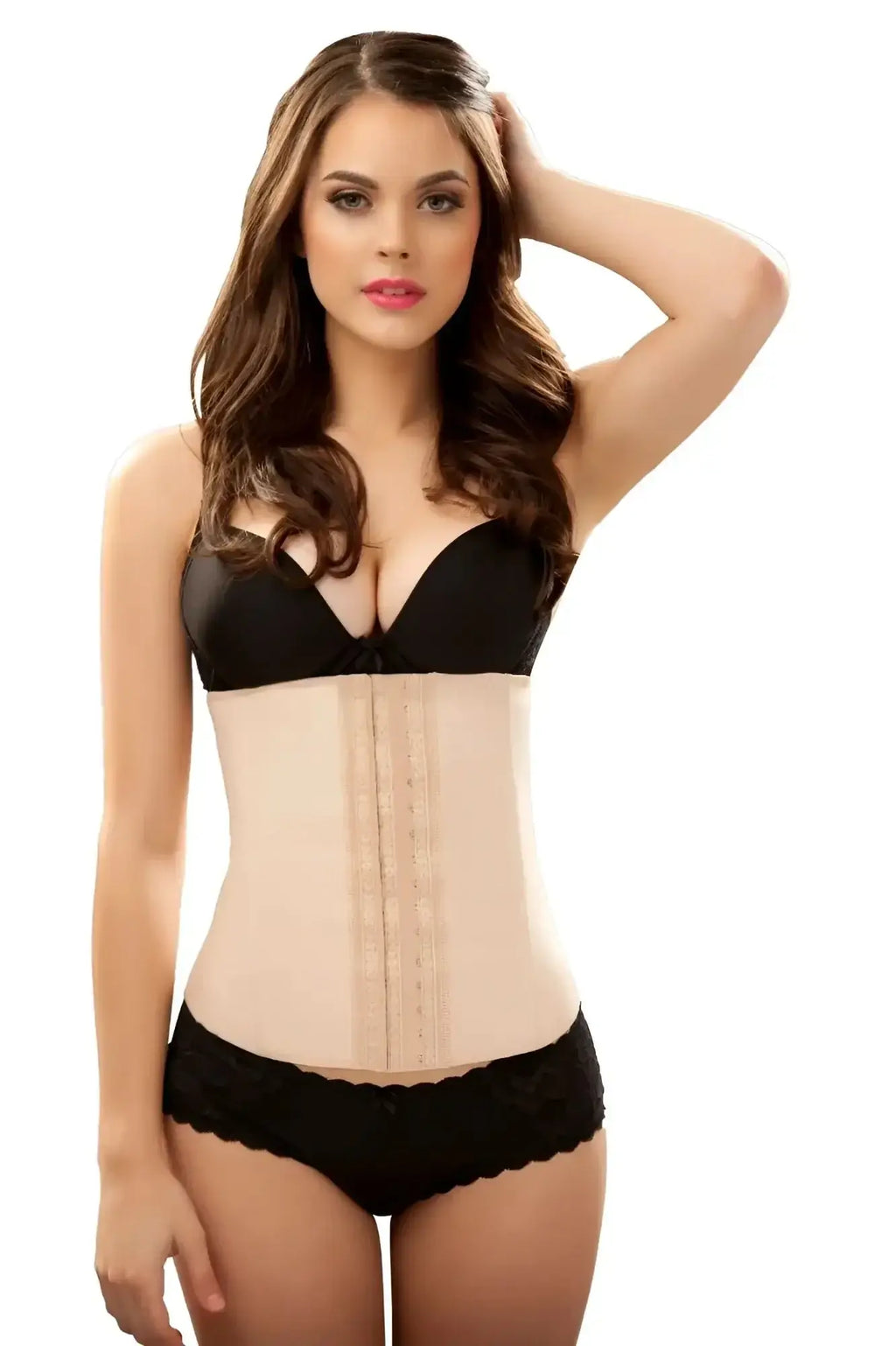 Beige vedette 102 valerie latex waist cincher with black lace trim and adjustable side straps for waist training