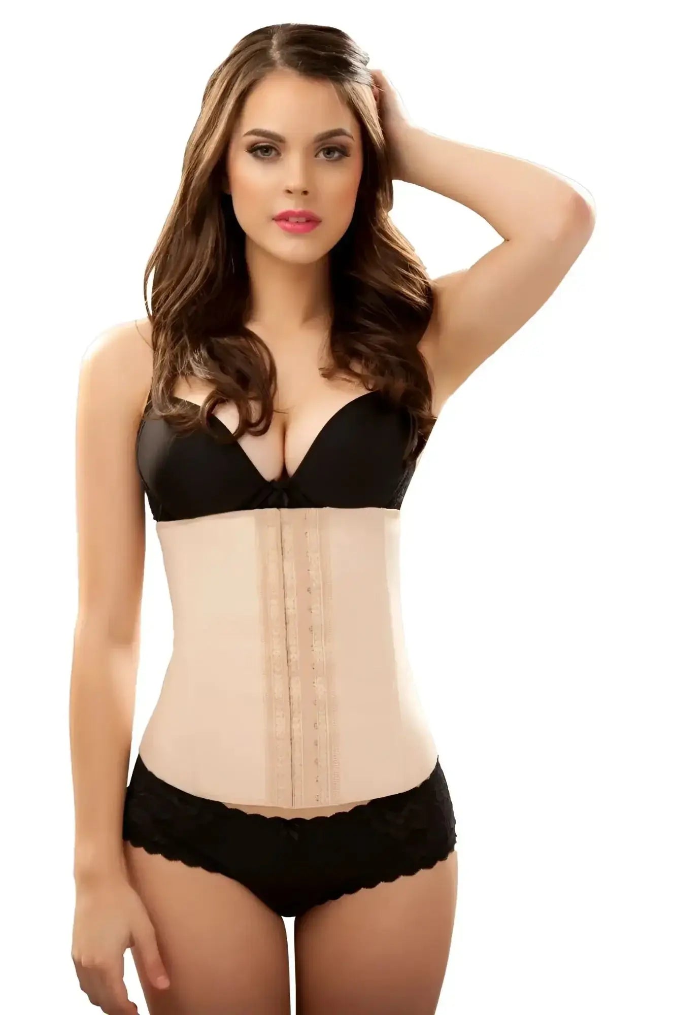 Beige vedette 102 valerie latex waist cincher with black lace trim and adjustable side straps for waist training