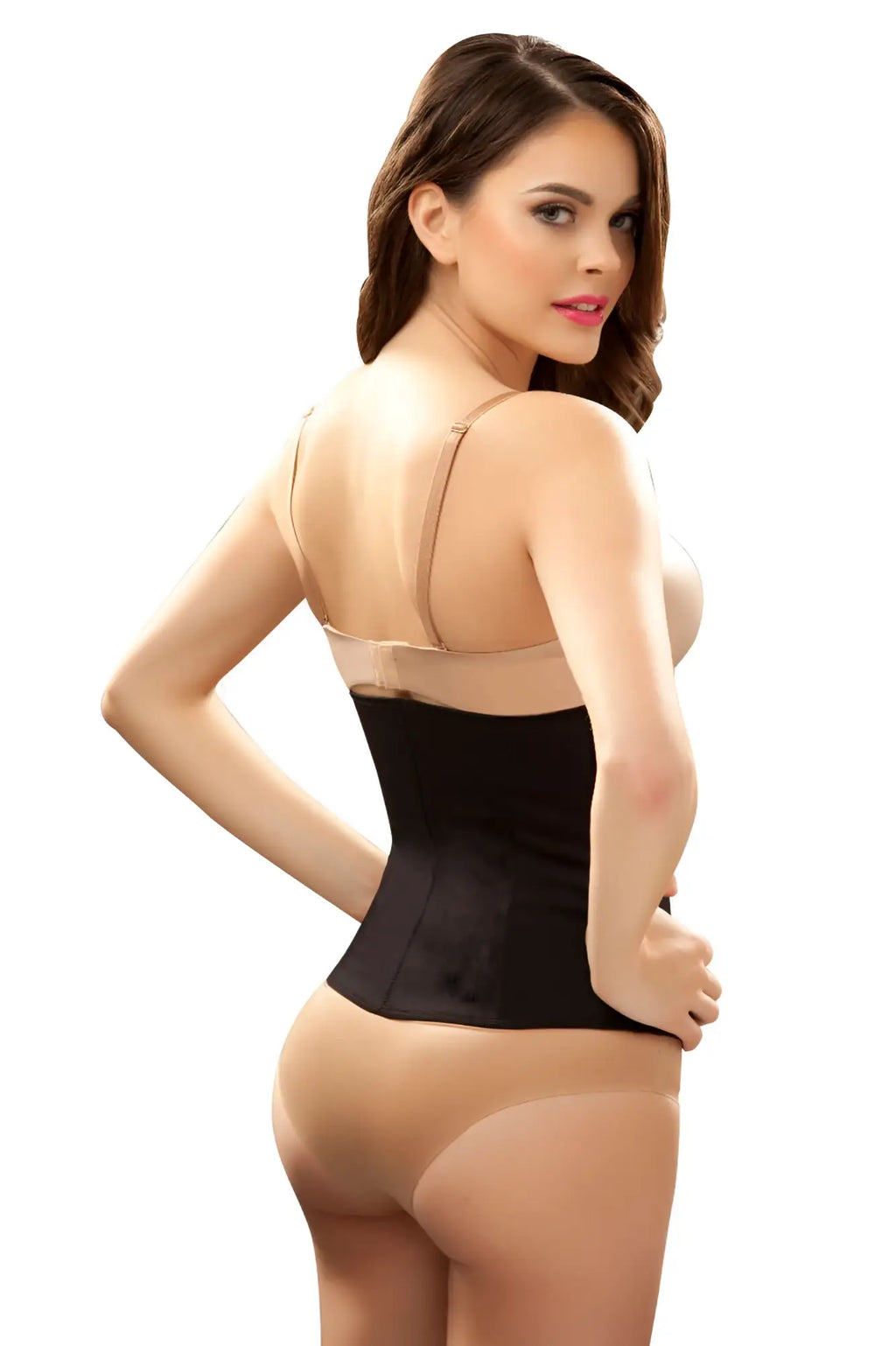 Black satin Vedette 103 Renee waist cincher with nude adjustable straps designed for plus sizes