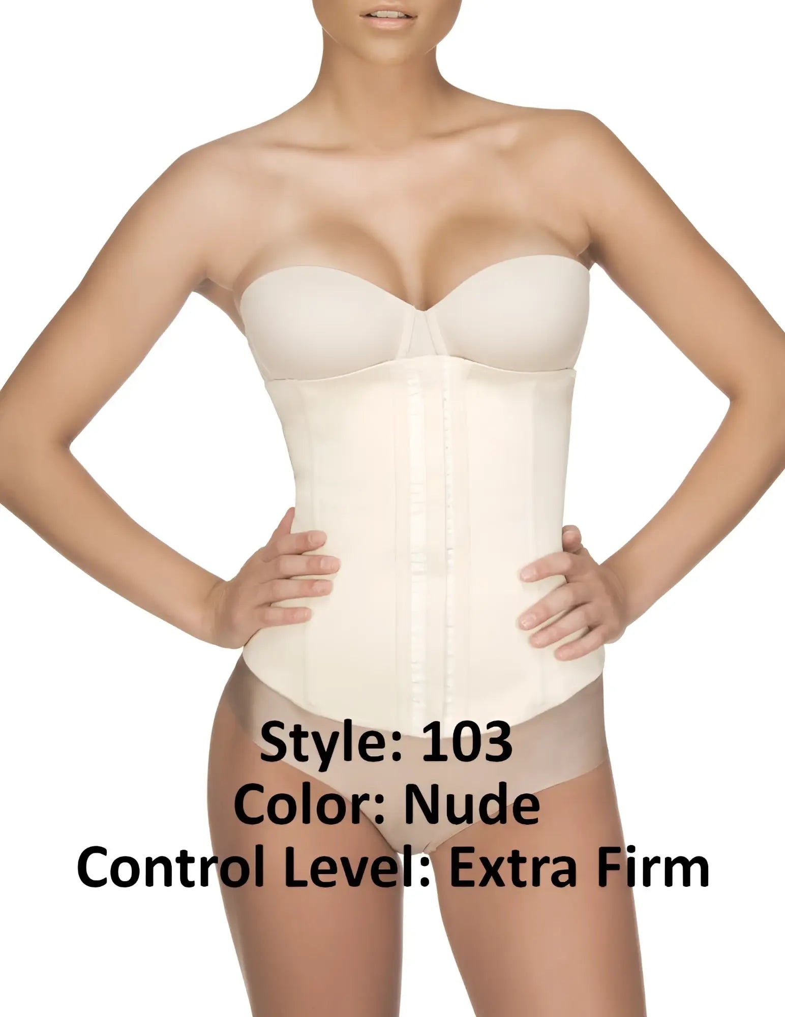 Nude-colored vedette 103 renee extra-firm strapless waist cincher with front closure designed for shaping