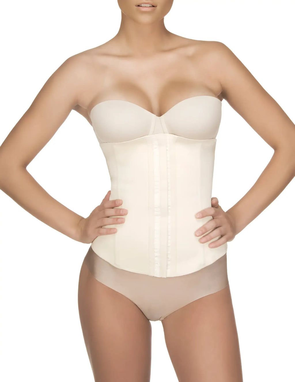 Cream-colored vedette 103 renee waist cincher with strapless design and front button closure in nude plus color
