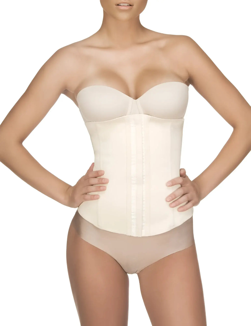 Cream-colored vedette 103 renee waist cincher nude plus strapless corset with structured design and front button closure