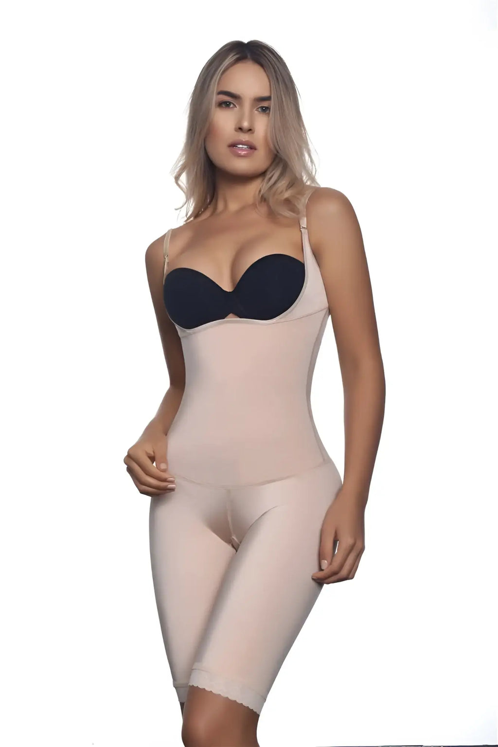Beige vedette 104 stephanie full body shaper with black underwire bra cups and bodycon shapewear design