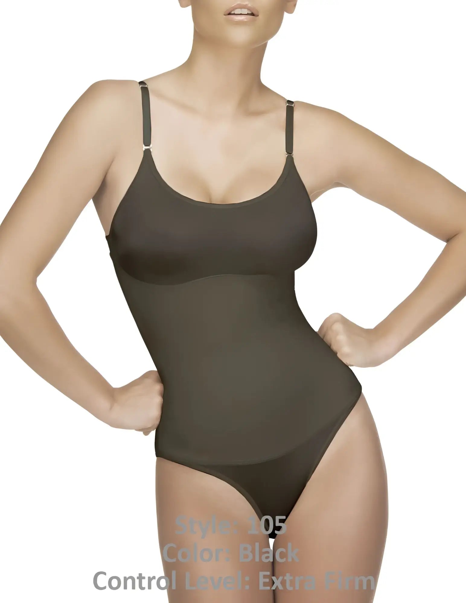 Vedette 105 lea bodysuit in black bikini color is an extra-firm control bodysuit with thin straps