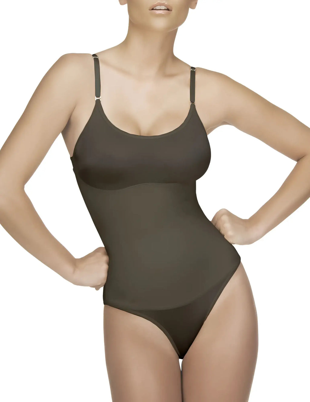 Vedette 105 Lea bodysuit in bikini color black features a sleek dark olive bodycon one-piece with thin adjustable straps