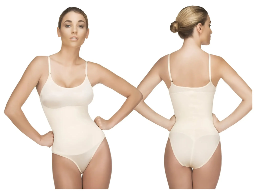 Cream-colored seamless Vedette 105 Lea bodysuit in bikini color nude with thin spaghetti straps and high-waisted design