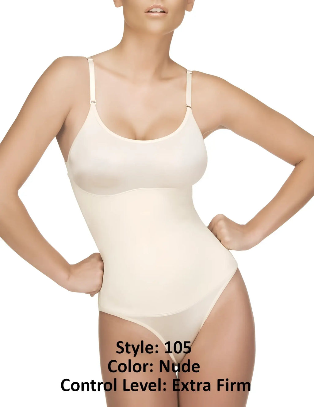 Vedette 105 Lea nude bodysuit with extra firm shaping, seamless design, and thin spaghetti straps in bikini color nude