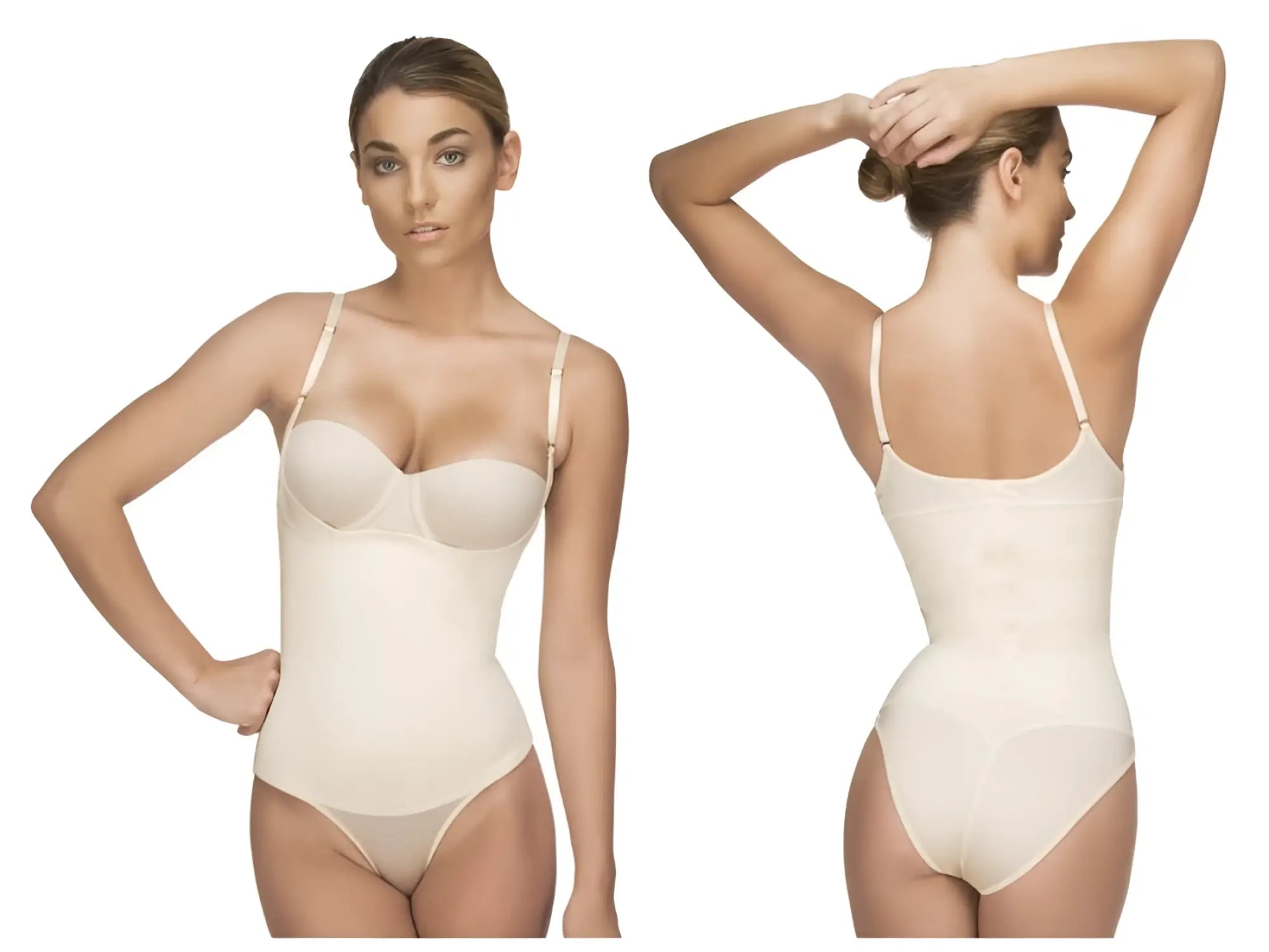 Beige seamless Vedette 107 Evonne underbust bodysuit in bikini color nude with thin straps and smooth form-fitting design