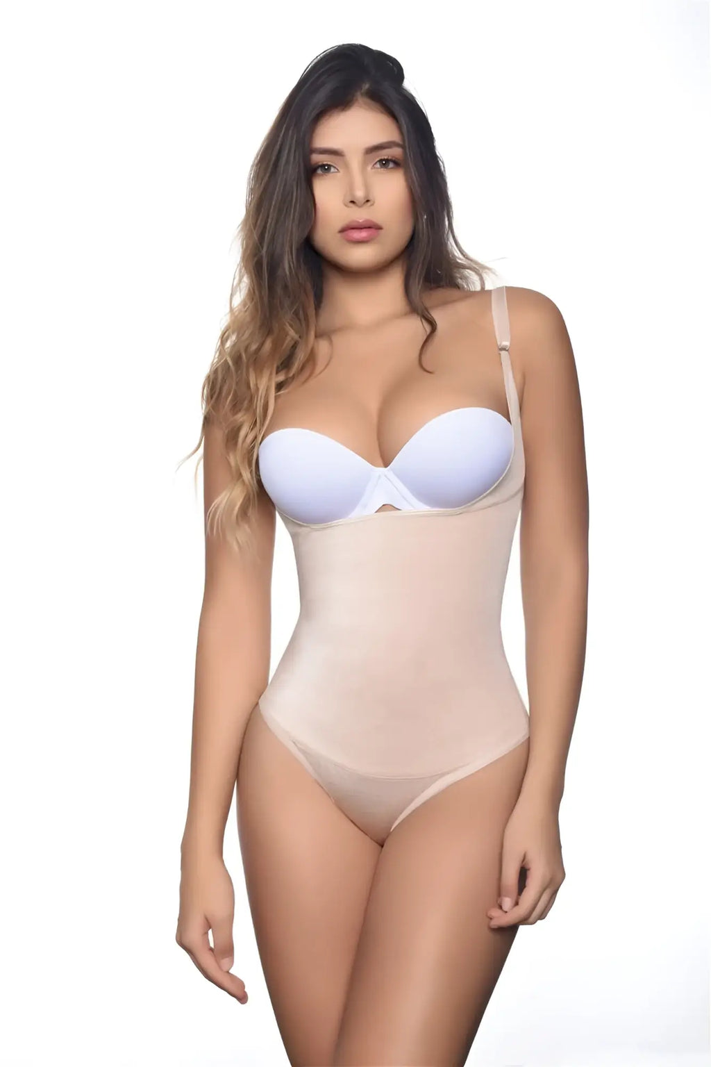 Vedette 107 Evonne underbust bodysuit in bikini color nude with a light blue and beige seamless supportive design
