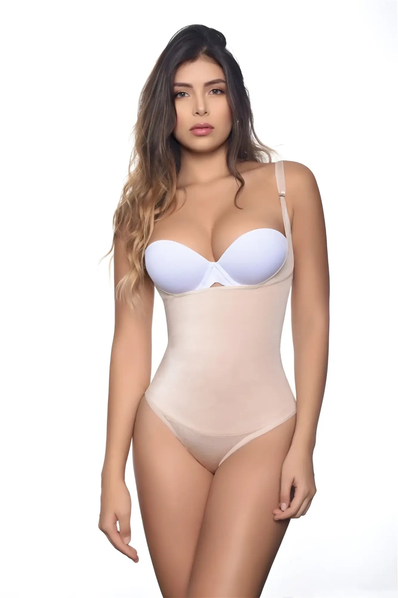 Vedette 107 Evonne underbust bodysuit in bikini color nude with a light blue and beige seamless supportive design
