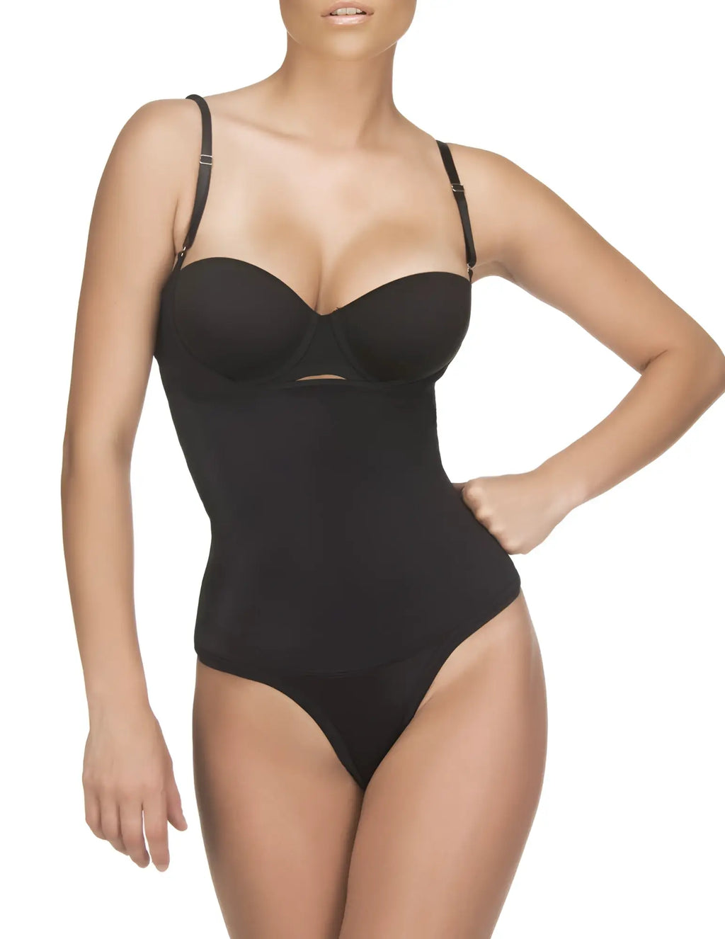Black seamless bodycon Vedette 111 Evonne underbust bodysuit with thin adjustable straps in thong style