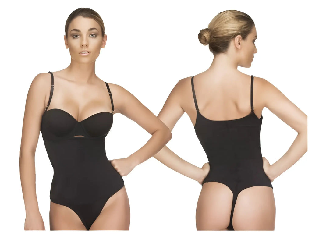 Black seamless vedette 111 evonne underbust bodysuit with thin straps and form-fitting thong design