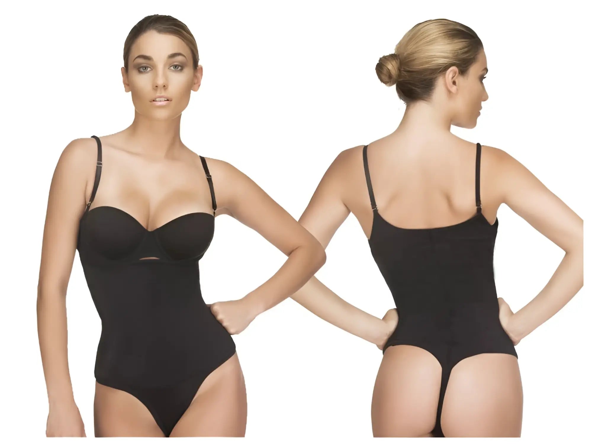 Black seamless vedette 111 evonne underbust bodysuit with thin straps and form-fitting thong design