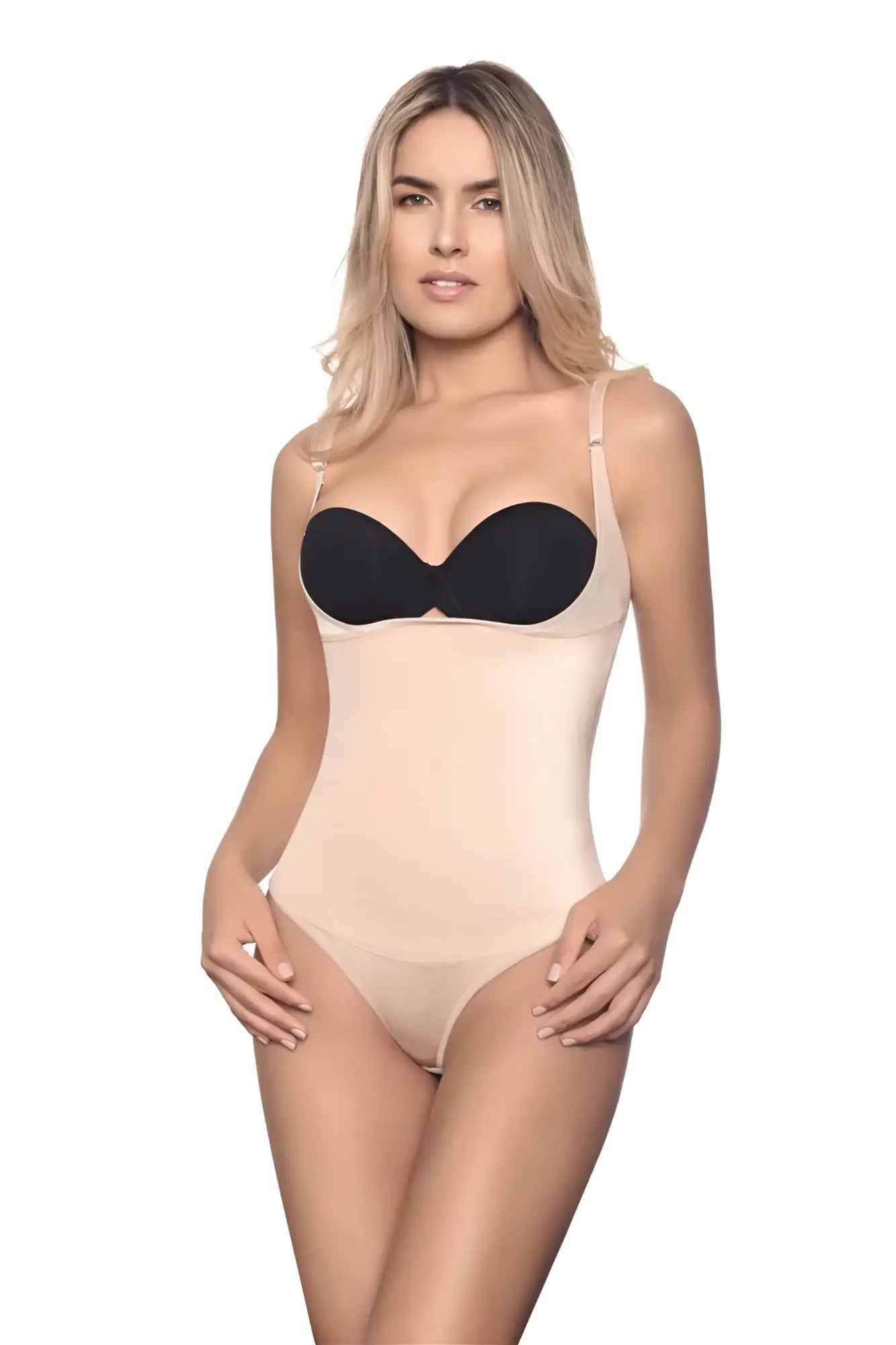 Beige bodycon shapewear bodysuit with black underwire bra cups and thin straps vedette 111 evonne underbust thong nude