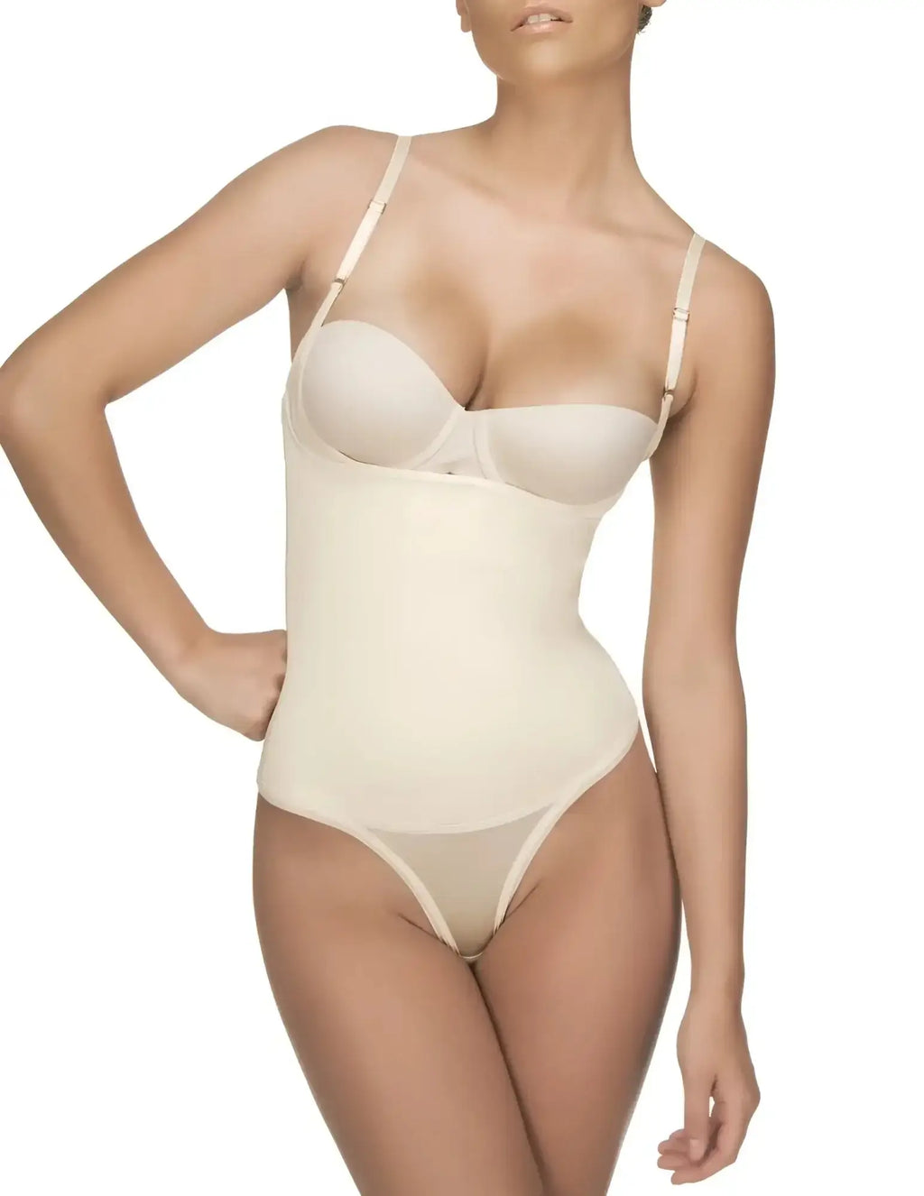 Beige vedette 111 evonne underbust bodysuit in thong nude with thin adjustable straps and smooth seamless design