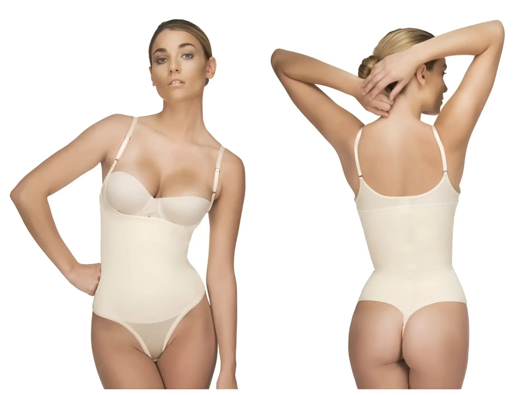Beige Vedette 111 Evonne underbust thong bodysuit with thin straps and seamless body-shaping nude design