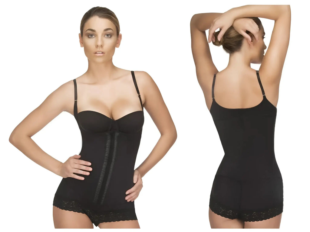 Vedette 136 megane open bust bodysuit in black with lace trim adjustable straps and central zipper closure