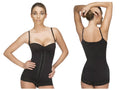 Vedette 136 megane open bust bodysuit in black with lace trim adjustable straps and central zipper closure
