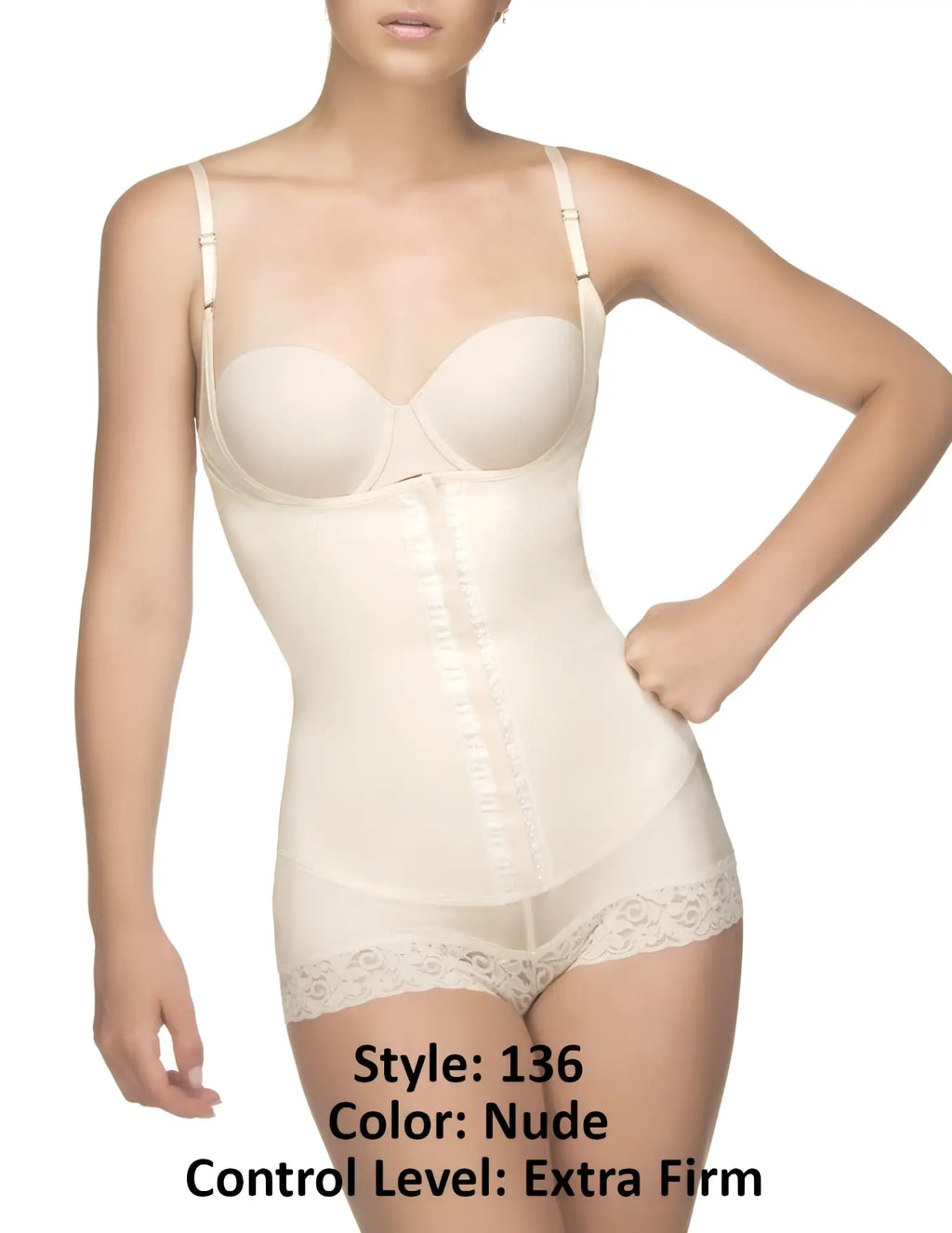 Nude-colored vedette 136 megane open bust bodysuit with extra-firm shaping lace trim waistband and adjustable straps